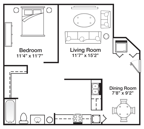 Floor plan for 1 bed, 1 bath, 674 sqft